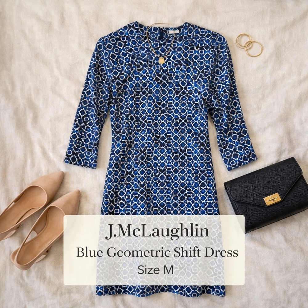 J.McLaughlin Blue Geometric Print Shift Dress Size M